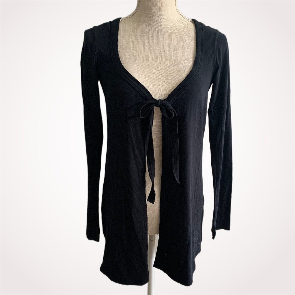 DUE Black Long Sleeve Tie-Front V-Neck Cardigan Sweater